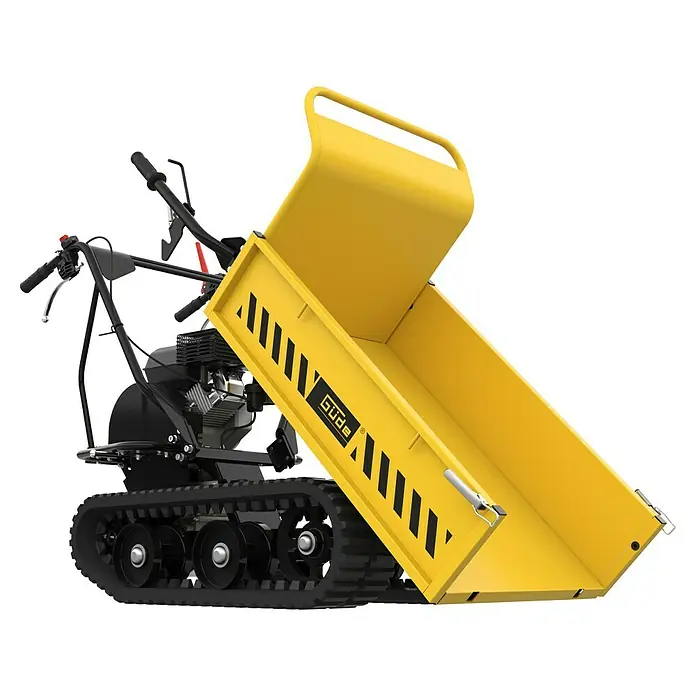 Güde Kettendumper GRD 300.1/R - 4.100 W - Bild eines Güde Mini-Dumper mit Raupenantrieb und gelber Kippmulde für den Transport von Schüttgütern auf Baustellen oder im Garten.