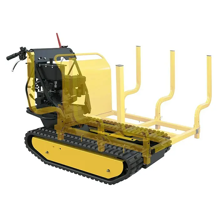 Güde Kettendumper GRD 500/R - Motorbetrieben, Fassungsvermögen: 230 l, Traglast: 500 kg - Nahaufnahme eines gelben Raupenfahrzeugs mit robustem Rahmen, ideal für anspruchsvolle Transportaufgaben in unwegsamem Gelände.