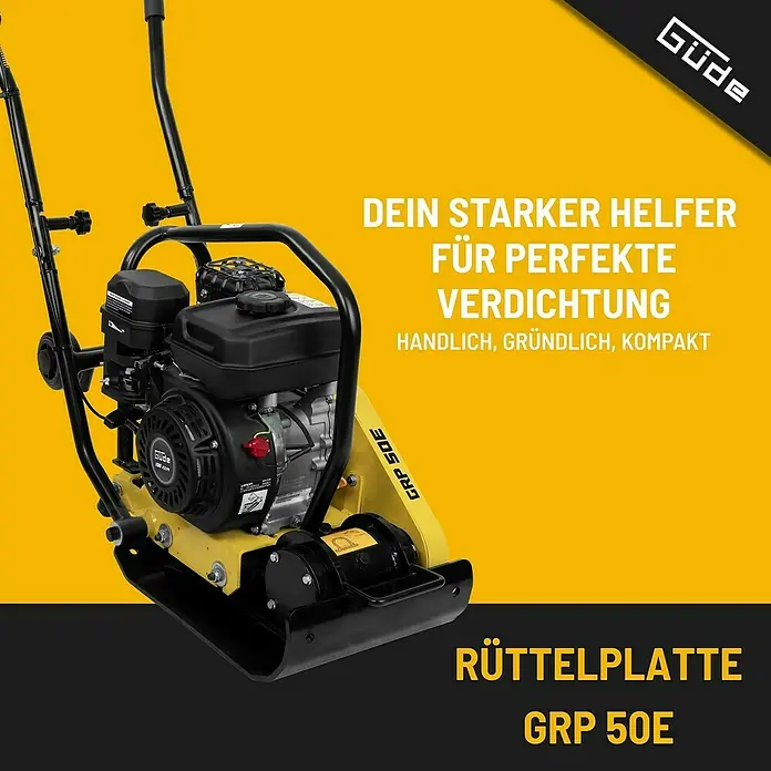 Güde Rüttelplatte GRP 50E - 4,1 kW, Verdichtungsdruck: 8,5 kN - Produktabbildung einer Rüttelplatte GRP 50E von Güde für die Bodenverdichtung.