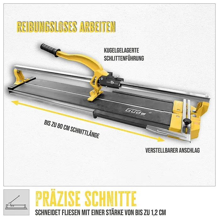 Güde Handfliesenschneider GHF 800 - Max. Schnittlänge: 800 mm, Max. Fliesenstärke: 12 mm - Bild einer Fliesenschneidmaschine von Güde. Sie ermöglicht reibungsloses Arbeiten und präzise Schnitte bis zu 80 cm Schnittlänge.
