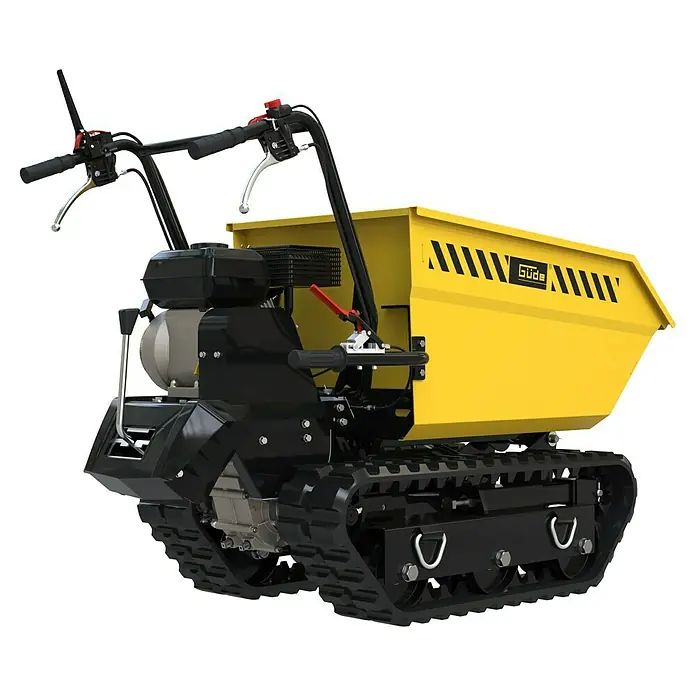 Güde Kettendumper GRD 400/R - 4.100 W - Abbildung eines gelben Güde Raupendumpers mit Kettenfahrwerk und Mulde. Ideal für Garten- und Landschaftsbauarbeiten.