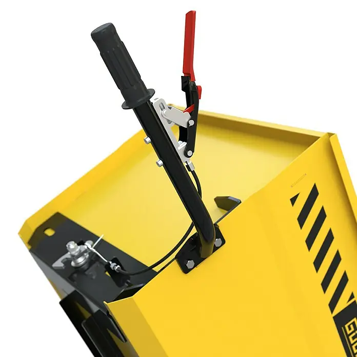 Güde Kettendumper GRD 400/R - 4.100 W - Nahaufnahme eines gelben Schubkarrens mit Griff und rotem Hebel, der ein robustes Design und Funktionalität für den Baubereich zeigt.