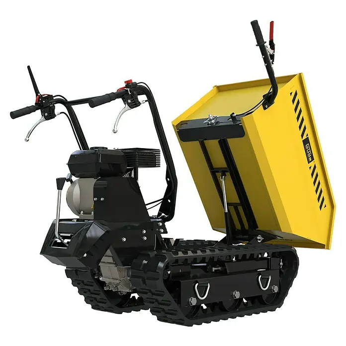Güde Kettendumper GRD 400/R - 4.100 W - Bild eines gelben GÜDE Minidumpers auf Raupenfahrwerk mit hochgeklappter Mulde, ideal für Garten- und Bauarbeiten.