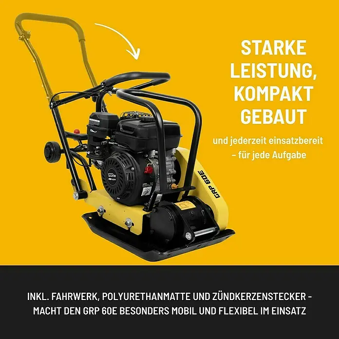 Güde Rüttelplatte GRP 60E - 4,1 kW - Die GRP 60E Bodenverdichter ist leistungsstark, kompakt gebaut und jederzeit einsatzbereit für jede Aufgabe.
