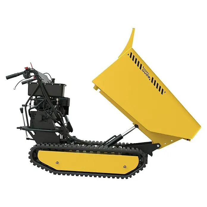 Güde Kettendumper GRD 500/R - Motorbetrieben, Fassungsvermögen: 230 l, Traglast: 500 kg - Bild eines gelben Raupendumpers von Güde, der sich ideal für den Transport von Schüttgütern in unwegsamem Gelände eignet.