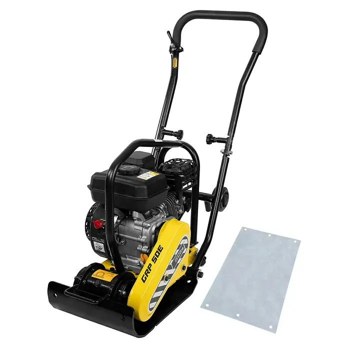 Güde Rüttelplatte GRP 50E - 4,1 kW, Verdichtungsdruck: 8,5 kN - Abgebildete Vibrationsplatte GRP 50E, ideal für Verdichtungsarbeiten. Robuste Bauweise für langlebigen Einsatz auf Baustellen und im Gartenbau.
