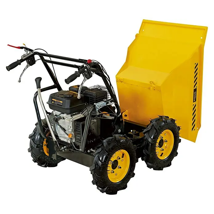 Güde Raddumper GAD 400.1/4x4 - Motorbetrieben, Fassungsvermögen: 120 l, Traglast: 400 kg - Hier ist ein Bild eines gelben Mini-Dumpers. Der Mini-Dumper verfügt über große Reifen und einen kleinen Motor mit einem kippbaren gelben Behälter.