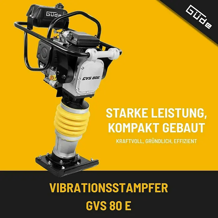 Güde Vibrationsstampfer GVS 80E - Max. Vorwärtsgeschwindigkeit: 10 m/min, Maße Stampfplatte: 340 x 280 mm, Verdichtungstiefe: 65 cm, Motorleistung: 4,1 kW - Abbildung eines Güde Vibrationsstampfers GVS 80 E, ein kompaktes und leistungsstarkes Gerät für den professionellen Einsatz.