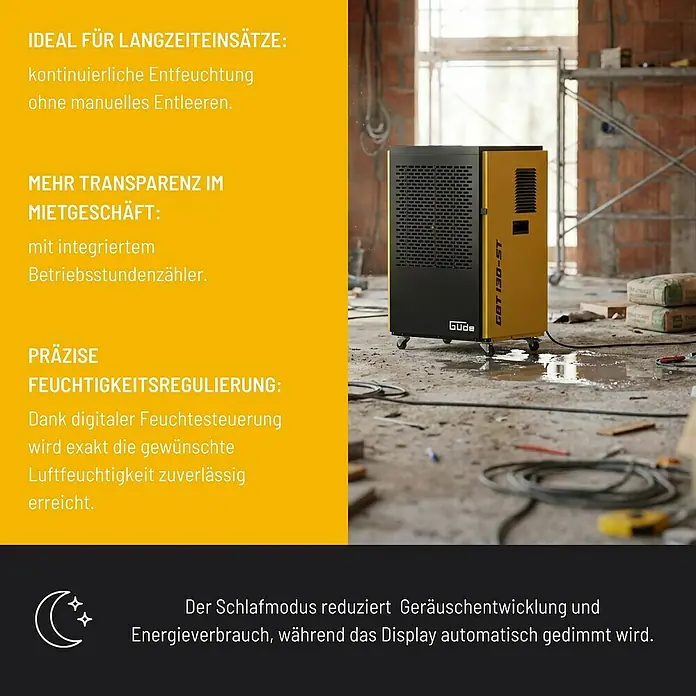 Güde Bautrockner GBT 130-ST - Entfeuchtungsleistung: 130 l/Tag, Raumgröße: 50 m² - 250 m² - Ein gelb-schwarzer Güde GBT 130-ST Bautrockner auf einer Baustelle, ideal für die Entfeuchtung bei Langzeiteinsätzen.