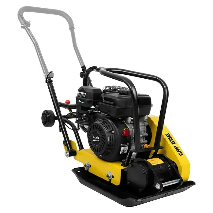 Güde Rüttelplatte GRP 60E - 4,1 kW - Das Bild zeigt eine gelbe GÜDE Rüttelplatte, Modell GRP 60E, mit schwarzem Motor und grauem Griff vor schwarzem Hintergrund.