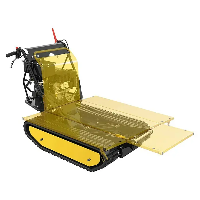 Güde Kettendumper GRD 500/R - Motorbetrieben, Fassungsvermögen: 230 l, Traglast: 500 kg - Das Bild zeigt eine detailreiche Aufnahme einer gelben Raupenfräse, die auf einer schwarzen Oberfläche steht.