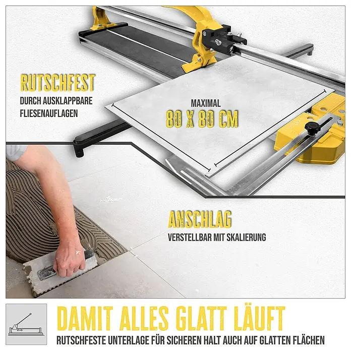 Güde Handfliesenschneider GHF 800 - Max. Schnittlänge: 800 mm, Max. Fliesenstärke: 12 mm - Bild einer Fliesenschneidmaschine, die Fliesen bis zu 80 x 80 cm schneiden kann, mit rutschfester Unterlage für sicheren Halt.