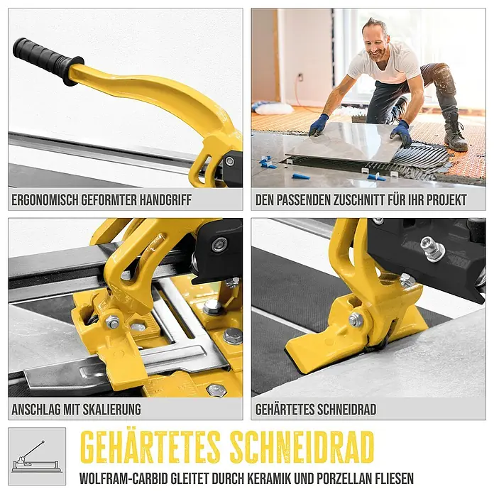 Güde Handfliesenschneider GHF 800 - Max. Schnittlänge: 800 mm, Max. Fliesenstärke: 12 mm - Das Bild zeigt eine Fliesenschneidemaschine mit ergonomischem Handgriff, Anschlag mit Skalierung und gehärtetem Schneidrad.