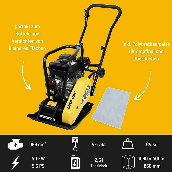Güde Rüttelplatte GRP 60E - 4,1 kW - Das Bild zeigt eine gelbe Rüttelplatte, ideal zum Verdichten kleinerer Flächen, inklusive Polyurethanmatte für empfindliche Oberflächen.