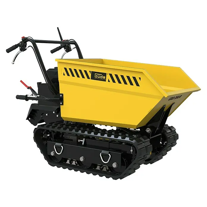 Güde Kettendumper GRD 400/R - 4.100 W - Gelber Güde GRD 350 R Raupendumper mit Schaufel und schwarzen Ketten für den vielseitigen Einsatz auf Baustellen und im Garten.