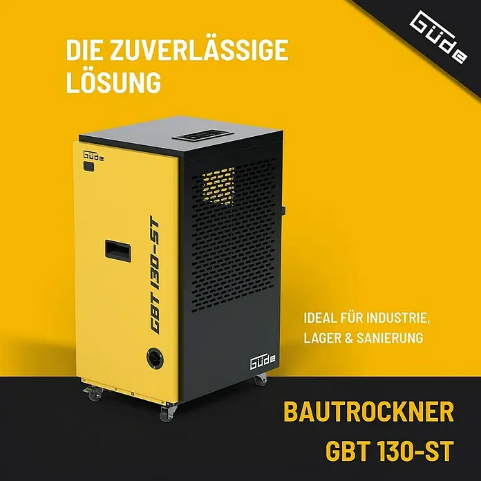 Güde Bautrockner GBT 130-ST - Entfeuchtungsleistung: 130 l/Tag, Raumgröße: 50 m² - 250 m² - Abbildung eines Bautrockners GBT 130-ST der Marke Güde, ideal für Industrie, Lager und Sanierung.