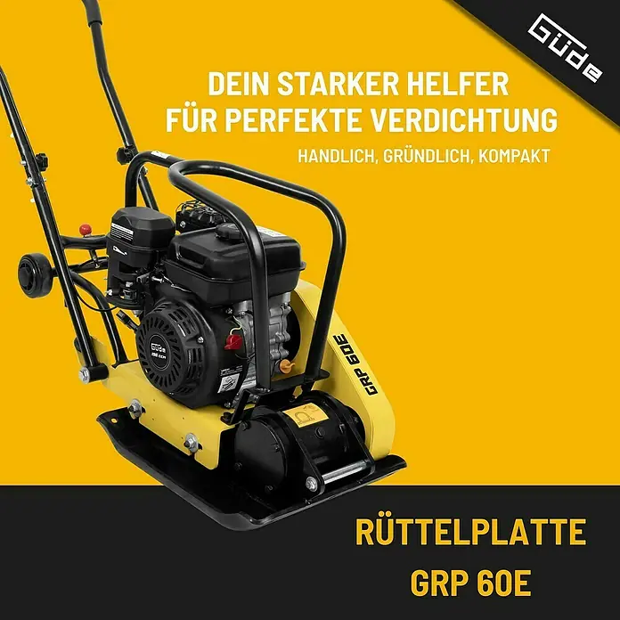 Güde Rüttelplatte GRP 60E - 4,1 kW - Abgebildet ist eine gelbe Rüttelplatte GRP 60E von Güde, ein unverzichtbares Werkzeug für die Bodenverdichtung und den Straßenbau.