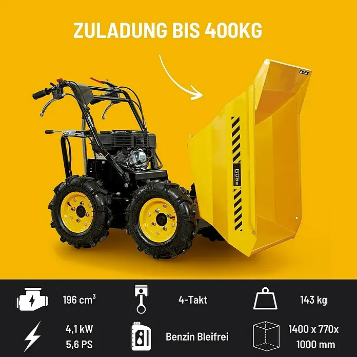 Güde Raddumper GAD 400.1/4x4 - Motorbetrieben, Fassungsvermögen: 120 l, Traglast: 400 kg - Abbildung eines gelben Mini-Transporters mit technischen Daten wie Tragfähigkeit und Motorleistung.