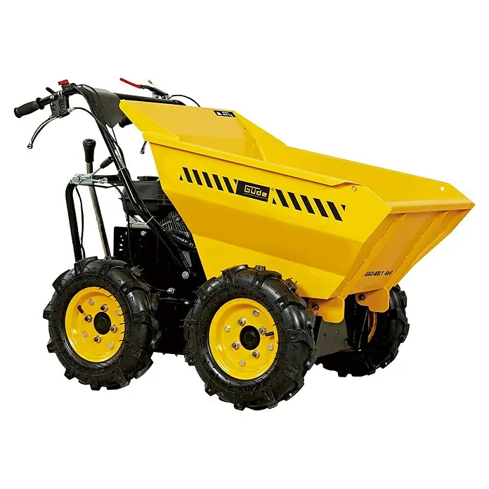 Güde Raddumper GAD 400.1/4x4 - Motorbetrieben, Fassungsvermögen: 120 l, Traglast: 400 kg - Das Bild zeigt einen gelben Güde GAD 400.1 4x4 Mini-Dumper, ideal für den Transport von Materialien auf Baustellen und in Gärten.