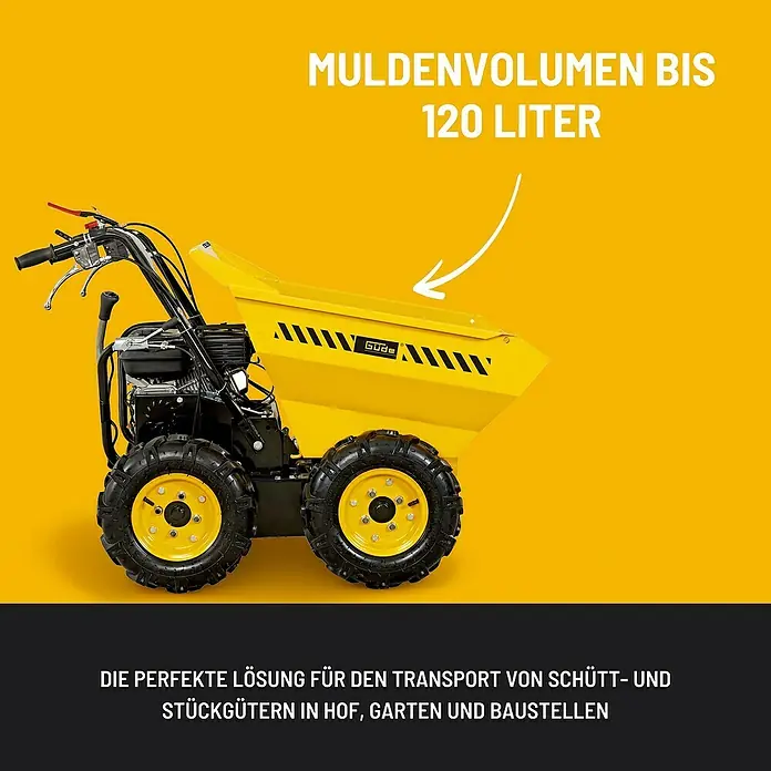 Güde Raddumper GAD 400.1/4x4 - Motorbetrieben, Fassungsvermögen: 120 l, Traglast: 400 kg - Das Bild zeigt eine gelbe Güde Schubkarre mit einem Muldenvolumen von bis zu 120 Litern, ideal für Hof, Garten und Baustellen.