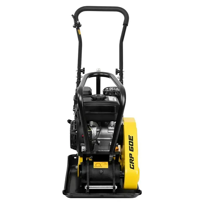 Güde Rüttelplatte GRP 60E - 4,1 kW - Bild einer reversierbaren Rüttelplatte, ideal für Verdichtungsarbeiten. Sie ist robust, gelb und schwarz.