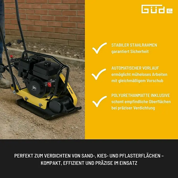 Güde Rüttelplatte GRP 60E - 4,1 kW - Abgebildete ist eine gelbe Güde Rüttelplatte, ideal zum Verdichten von Sand, Kies und Pflasterflächen. Kompakt, effizient und präzise.