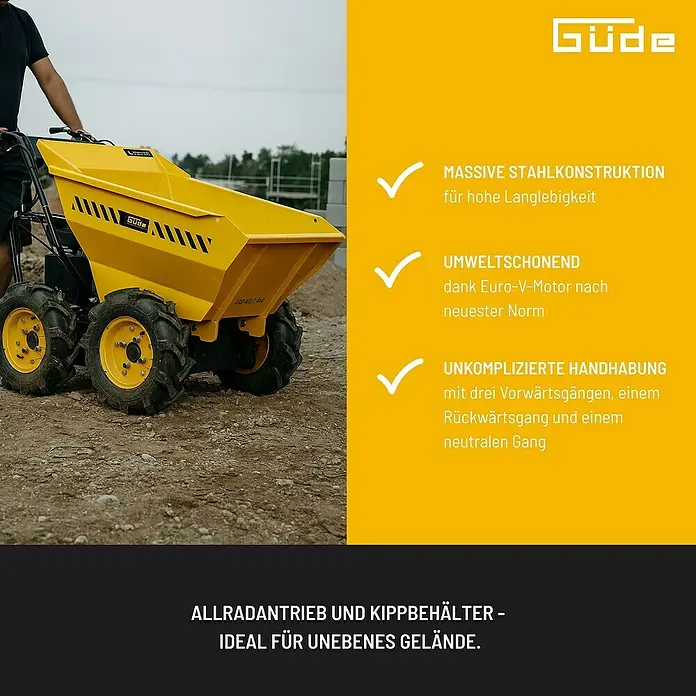 Güde Raddumper GAD 400.1/4x4 - Motorbetrieben, Fassungsvermögen: 120 l, Traglast: 400 kg - Güde GD401 4x4: Gelbe, allradgetriebene Schubkarre mit Kippbehälter für unebenes Gelände und robuster Stahlkonstruktion.