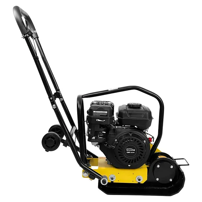 Güde Rüttelplatte GRP 50E - 4,1 kW, Verdichtungsdruck: 8,5 kN - Hier ist eine Bild einer gelb-schwarzen reversierbaren Rüttelplatte.