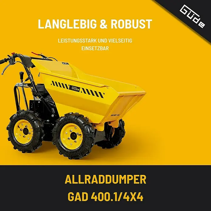 Güde Raddumper GAD 400.1/4x4 - Motorbetrieben, Fassungsvermögen: 120 l, Traglast: 400 kg - Abbildung eines gelben Güde Allraddumpers GAD 400.1/4X4, der für seine Langlebigkeit und Robustheit bekannt ist.
