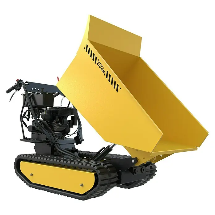 Güde Kettendumper GRD 500/R - Motorbetrieben, Fassungsvermögen: 230 l, Traglast: 500 kg - Abgebildeter gelber Güde Mini-Dumper, ein vielseitiges Baufahrzeug für den Transport von Materialien auf Baustellen.
