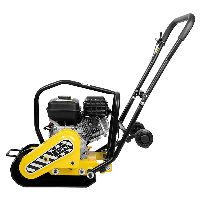 Güde Rüttelplatte GRP 50E - 4,1 kW, Verdichtungsdruck: 8,5 kN - Eine gelb-schwarze Vibrationsplatte von Güde, ideal für Verdichtungsarbeiten im Garten- und Landschaftsbau.