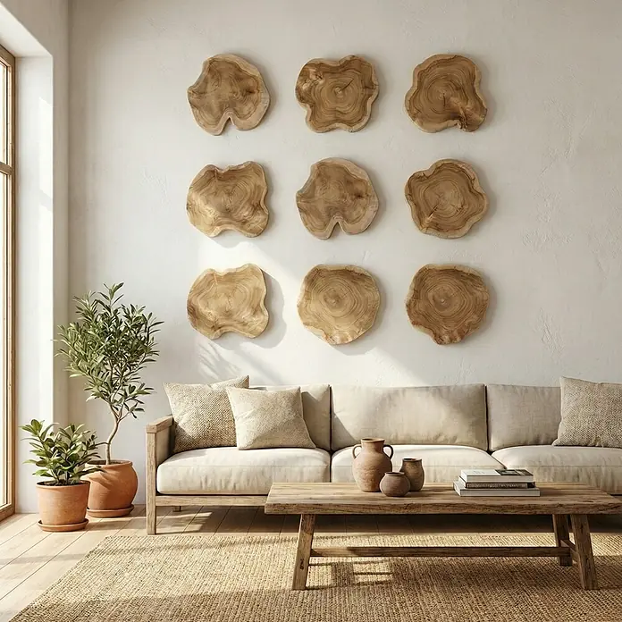 Baumscheibe - Teak, Unbehandelt, Durchmesser: 1 cm - 35 cm - Wanddekoration mit neun runden Holzscheiben über einem beigen Sofa, die eine natürliche und warme Atmosphäre im Raum schaffen.