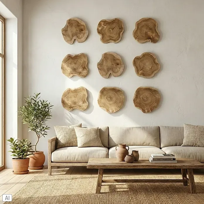 Baumscheibe - Teak, Unbehandelt, Durchmesser: 1 cm - 35 cm - Wanddekoration mit neun runden Holzscheiben über einem beigen Sofa, die eine natürliche und warme Atmosphäre im Raum schaffen.