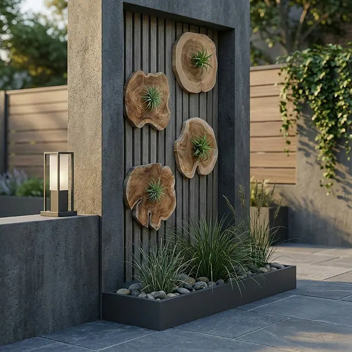 Baumscheibe - Teak, Unbehandelt, Durchmesser: 1 cm - 35 cm - Eine moderne Gartengestaltung mit einer Wanddekoration aus Holzscheiben mit Pflanzen und einer stilvollen Gartenleuchte.