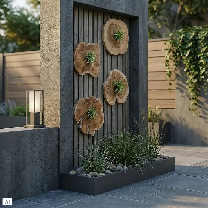 Baumscheibe - Teak, Unbehandelt, Durchmesser: 1 cm - 35 cm - Eine moderne Gartengestaltung mit einer Wanddekoration aus Holzscheiben mit Pflanzen und einer stilvollen Gartenleuchte.