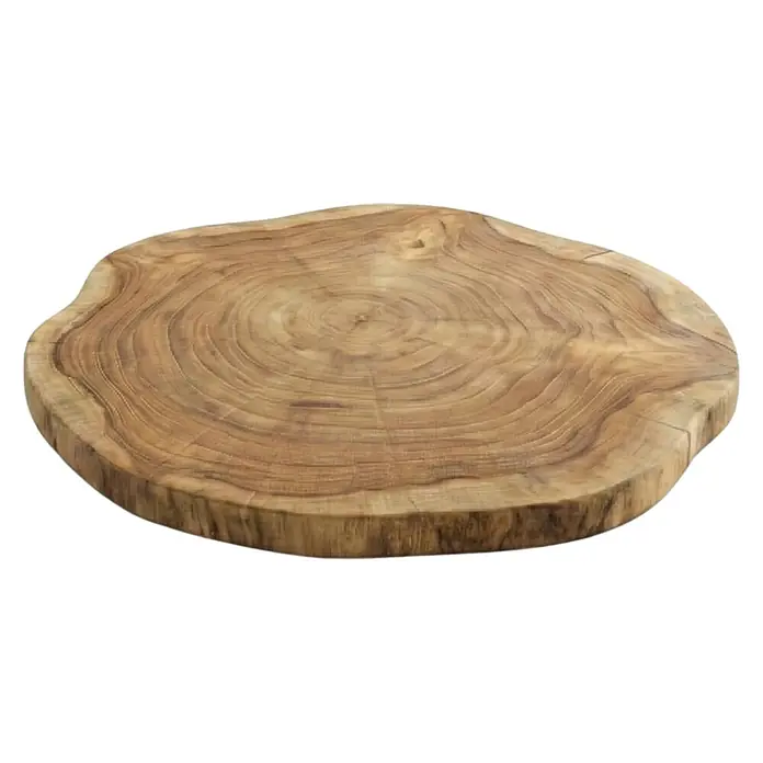 Baumscheibe - Teak, Unbehandelt, Durchmesser: 1 cm - 35 cm - Nahaufnahme einer runden Baumscheibe mit deutlichen Jahresringen und natürlicher Holzstruktur. Ideal als rustikale Dekorationsplatte.
