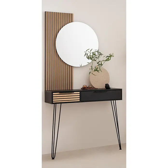 Schildmeyer Hank Konsolentisch - L x B x H: 32,1 x 103,7 x 88,4 cm, Schwarz/Artisan Eiche, Holzwerkstoff - Modernes schwarzes Wandregal mit Spiegel, Holzpaneel und zwei Schubladen. Dekoriert mit Accessoires und Vase.