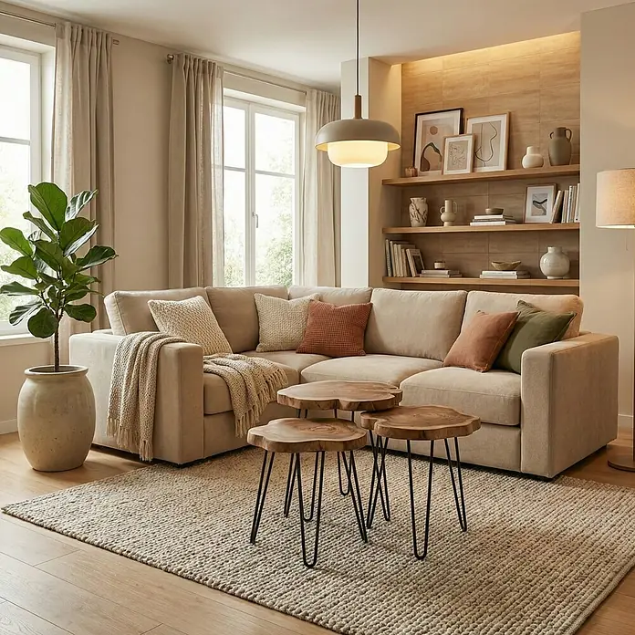 Baumscheibe - Teak, Unbehandelt, Durchmesser: 1 cm - 35 cm - Einladendes Wohnzimmer mit beigem Ecksofa, Holztischen und Teppich. Dekorative Kissen und eine Zimmerpflanze setzen Akzente in dem hellen Raum.