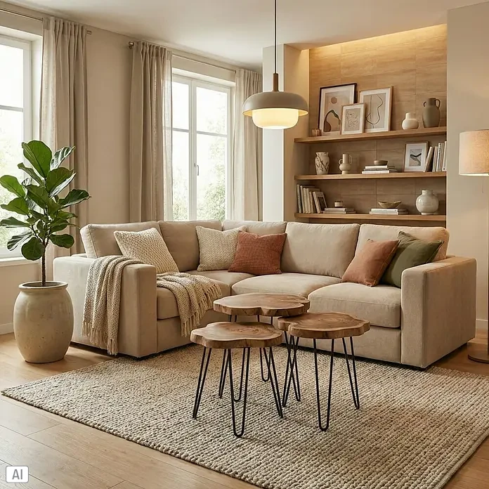 Baumscheibe - Teak, Unbehandelt, Durchmesser: 1 cm - 35 cm - Einladendes Wohnzimmer mit beigem Ecksofa, Holztischen und Teppich. Dekorative Kissen und eine Zimmerpflanze setzen Akzente in dem hellen Raum.