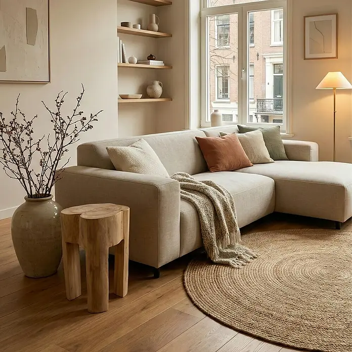 Hocker - Teak, Unbehandelt, Ø x H: 28 x 40 cm - Wohnzimmer mit beigem Ecksofa, Holzhocker, rundem Teppich und dekorativen Elementen für gemütliches Ambiente.