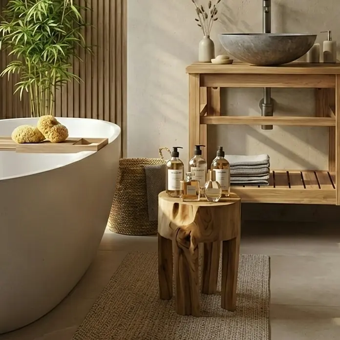 Hocker - Teak, Unbehandelt, Ø x H: 28 x 40 cm - Das Bild zeigt ein modernes Badezimmer mit einer freistehenden Badewanne und einem Holzhocker, auf dem Pflegeprodukte stehen.