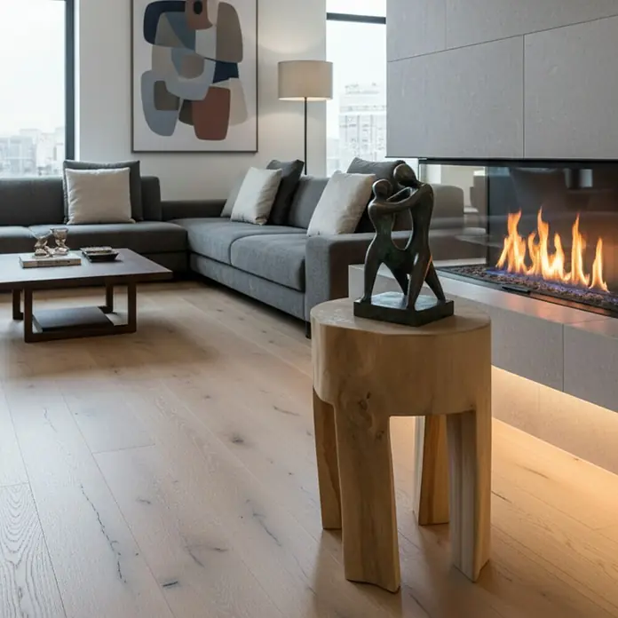 Hocker - Teak, Unbehandelt, Ø x H: 28 x 40 cm - Moderne Wohnzimmeraufnahme mit stilvollem Holzhocker, einer Bronzestatue und einem gemütlichen Kamin. Elegantes Design für ein behagliches Zuhause.