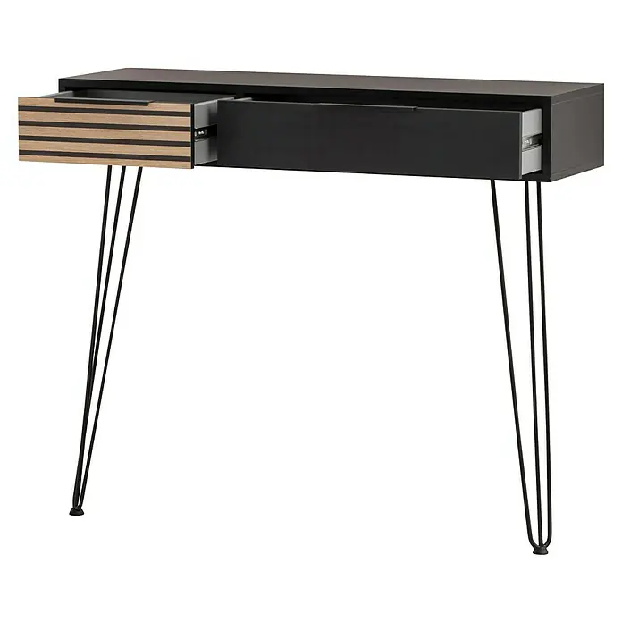 Schildmeyer Hank Konsolentisch - L x B x H: 32,1 x 103,7 x 88,4 cm, Schwarz/Artisan Eiche, Holzwerkstoff - Elegante Konsole mit zwei Schubladen, eine davon offen, auf einem filigranen Metallgestell. Perfekt für moderne Interieurs.