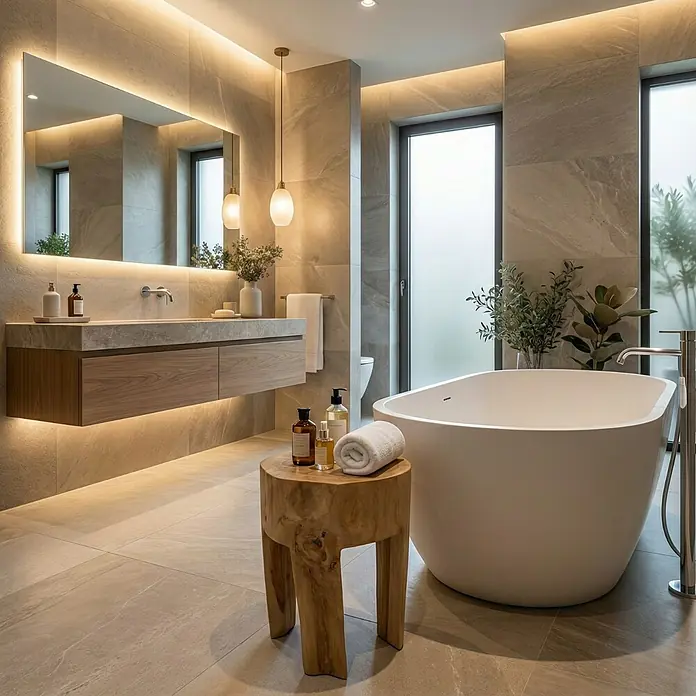 Hocker - Teak, Unbehandelt, Ø x H: 28 x 40 cm - Elegantes Badezimmerdesign mit freistehender Badewanne und modernem Waschtisch, beleuchtet durch indirektes Licht. Stilvolles Interieur mit Naturholzakzenten.
