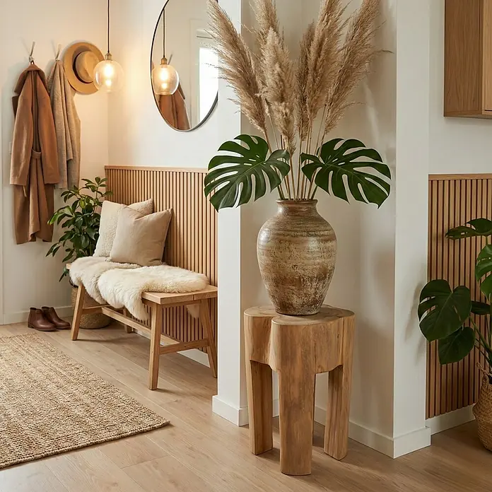 Hocker - Teak, Unbehandelt, Ø x H: 28 x 40 cm - Einladender Eingangsbereich mit Holzelementen, einer Bank und einer großen Vase mit dekorativem Pampasgras.