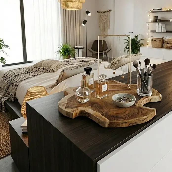 Baumscheibe - Teak, Unbehandelt, Durchmesser: 1 cm - 35 cm - Dekorative Holzschale mit Parfümflaschen und Schmuck. Die natürliche Holzmaserung verleiht einen rustikalen Touch.