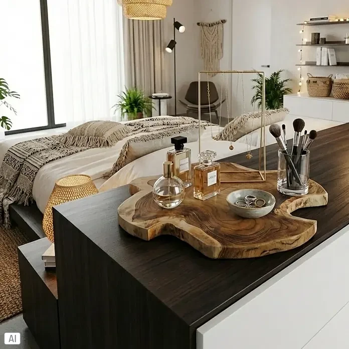 Baumscheibe - Teak, Unbehandelt, Durchmesser: 1 cm - 35 cm - Dekorative Holzschale mit Parfümflaschen und Schmuck. Die natürliche Holzmaserung verleiht einen rustikalen Touch.