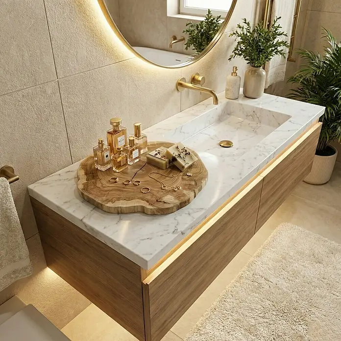 Baumscheibe - Teak, Unbehandelt, Durchmesser: 1 cm - 35 cm - Elegantes Badezimmer-Waschbecken mit Marmorplatte, Holzunterschrank und goldenen Akzenten, stilvoll dekoriert mit Parfum und Seife.