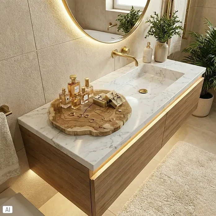 Baumscheibe - Teak, Unbehandelt, Durchmesser: 1 cm - 35 cm - Elegantes Badezimmer-Waschbecken mit Marmorplatte, Holzunterschrank und goldenen Akzenten, stilvoll dekoriert mit Parfum und Seife.