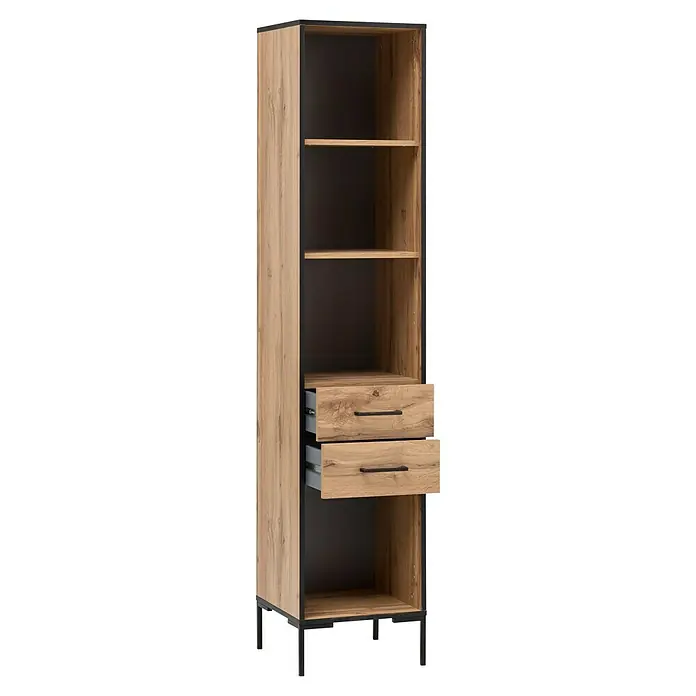 Schildmeyer Serie 2000 Hochschrank - L x B x H: 39 x 40,2 x 194,2 cm, Eiche Landhaus - Ein hochformatiges Regal mit Holzstruktur, schwarzen Akzenten und zwei offenen Schubladen für zusätzlichen Stauraum.